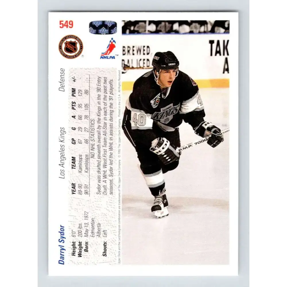 1991-92 Upper Deck #549 Darryl Sydor NM-MT Los Angeles Kings Hockey Card - Hockey Card Single