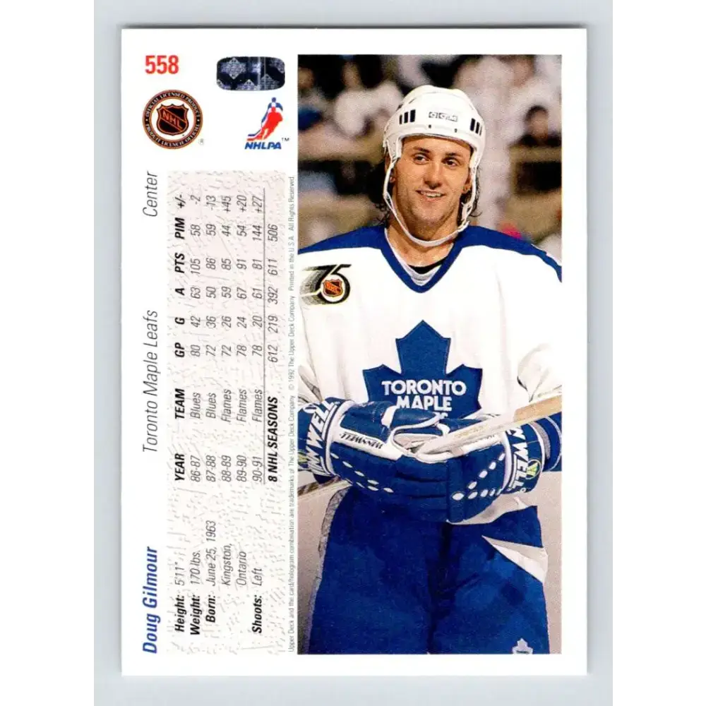 1991-92 Upper Deck #558 Doug Gilmour NM-MT Toronto Maple Leafs Hockey Card - Hockey Card Single
