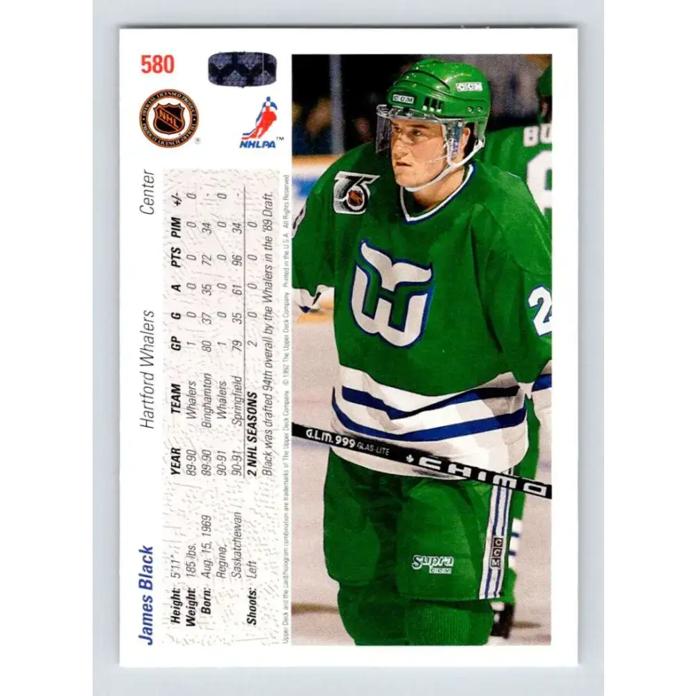 1991-92 Upper Deck #580 James Black NM-MT RC Rookie Hartford Whalers Hockey Card - Hockey Card Single