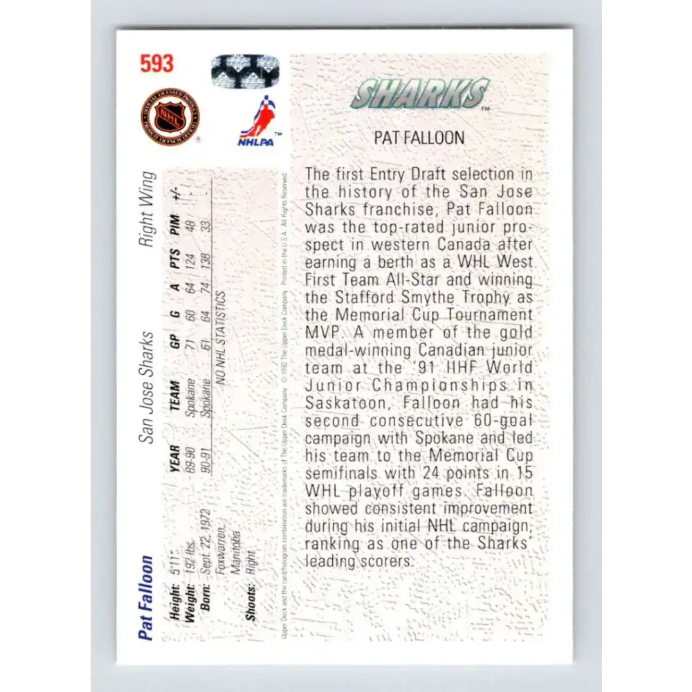 1991-92 Upper Deck #593 Pat Falloon NM-MT San Jose Sharks Hockey Card - Hockey Card Single
