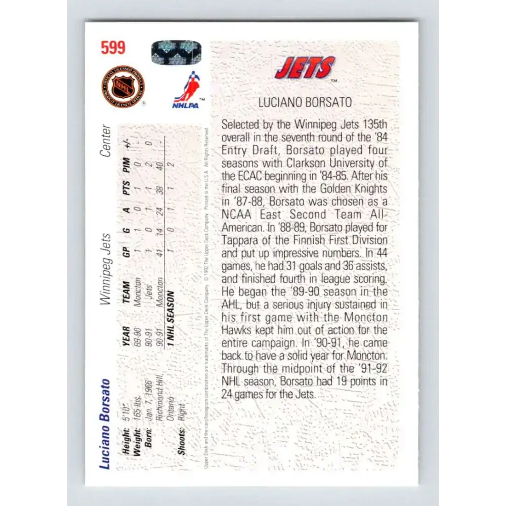 1991-92 Upper Deck #599 Luciano Borsato NM-MT RC Rookie Winnipeg Jets Hockey Card - Hockey Card Single