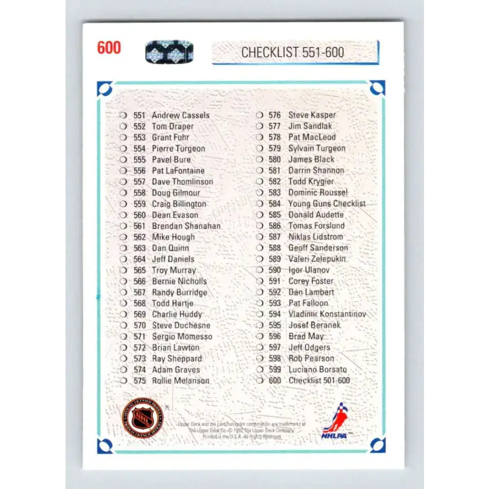 1991-92 Upper Deck #600 Checklist 501-600 NM-MT Hockey Card - Hockey Card Single