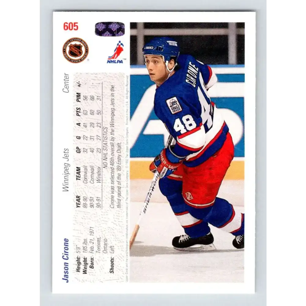 1991-92 Upper Deck #605 Jason Cirone NM-MT RC Rookie Winnipeg Jets Hockey Card - Hockey Card Single
