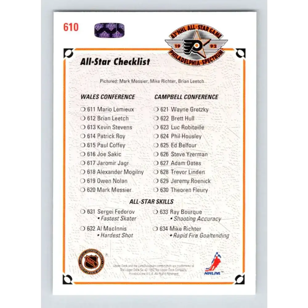 1991-92 Upper Deck #610 Brian Leetch/Mike Richter/Mark Messier AS CL NM-MT New York Rangers Hockey Card - Hockey Card