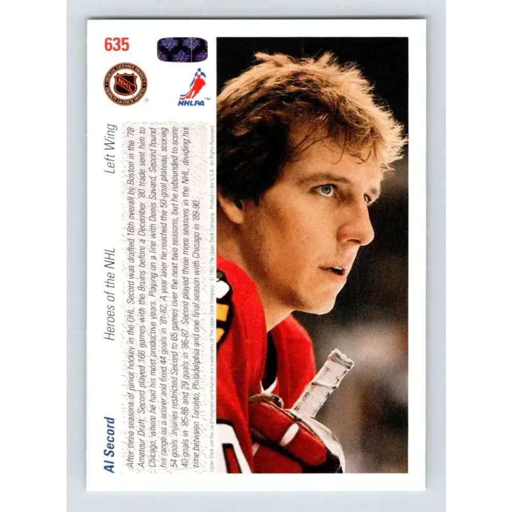 1991-92 Upper Deck #635 Al Secord NM-MT Hockey Card - Hockey Card Single