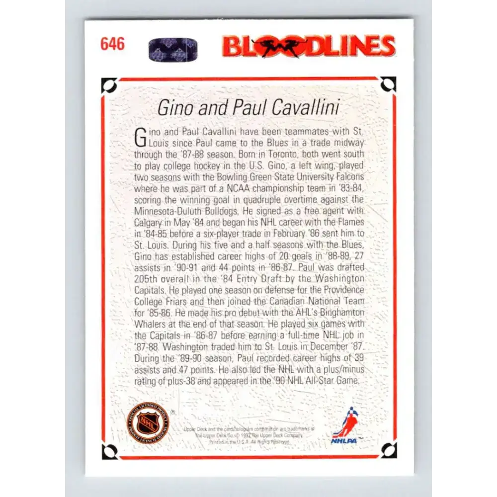 1991-92 Upper Deck #646 Paul Cavallini/Gino Cavallini NM-MT St. Louis Blues Hockey Card - Hockey Card Single