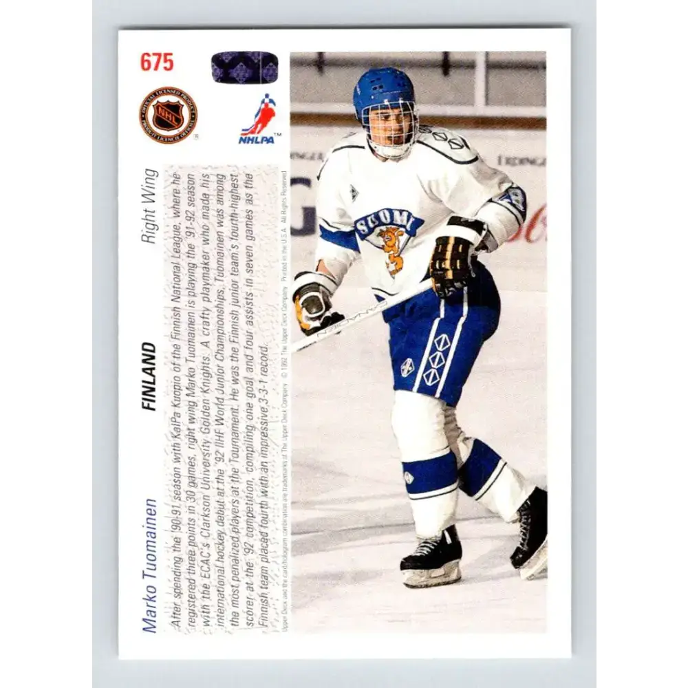 1991-92 Upper Deck #675 Marko Tuomainen NM-MT RC Rookie Hockey Card