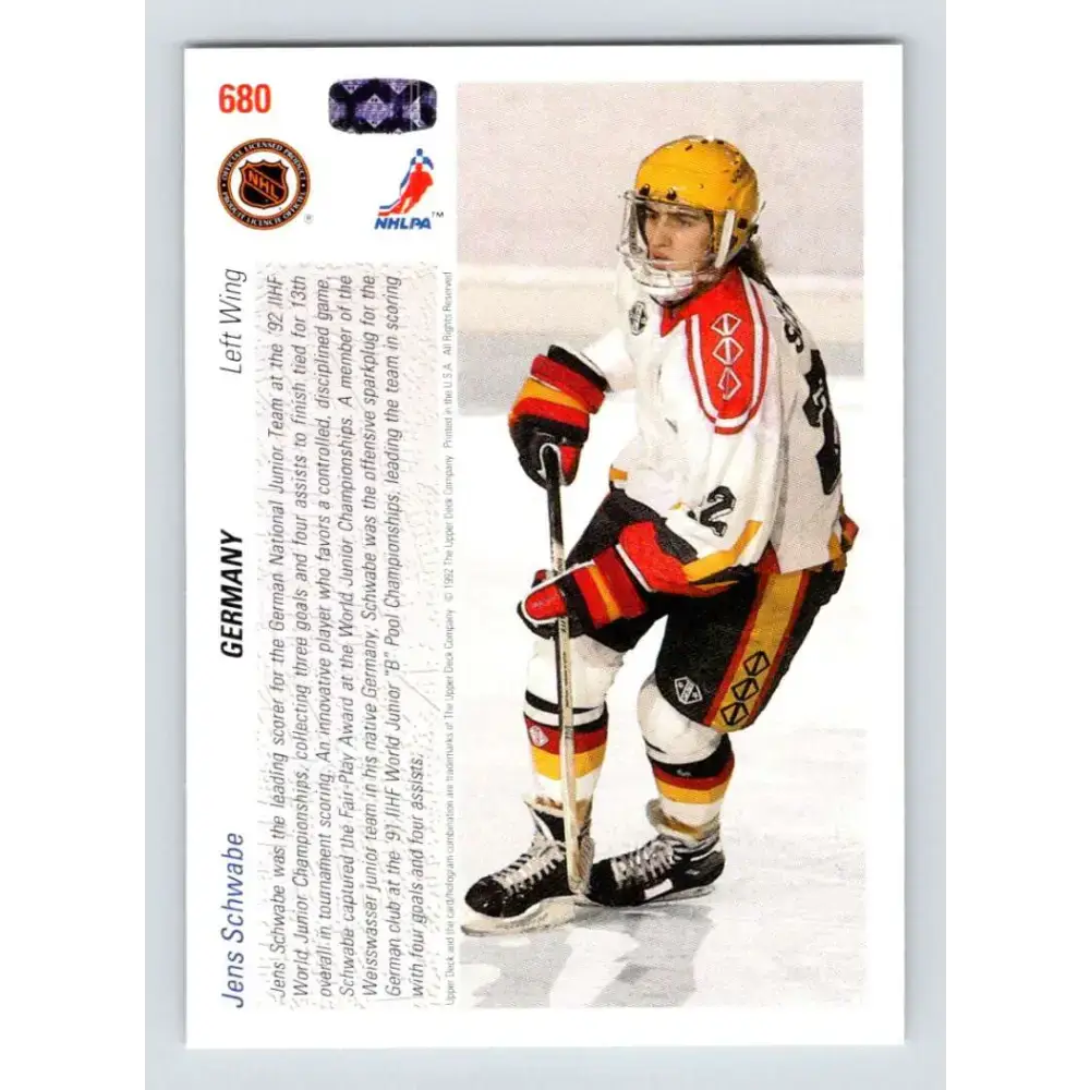 1991-92 Upper Deck #680 Jens Schwabe NM-MT RC Rookie Hockey Card - Hockey Card Single