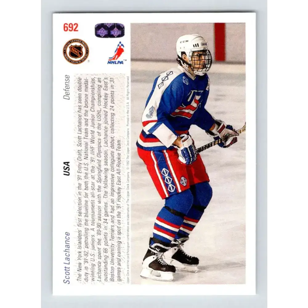 1991-92 Upper Deck #692 Scott Lachance NM-MT RC Rookie New York Islanders Hockey Card - Hockey Card Single
