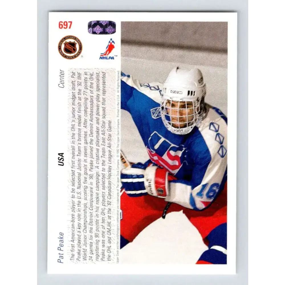 1991-92 Upper Deck #697 Pat Peake NM-MT RC Rookie Hockey Card - Hockey Card Single