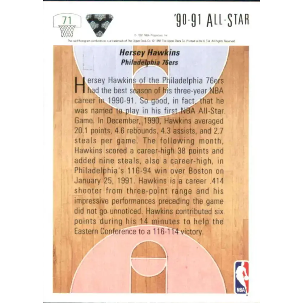 1991-92 Upper Deck #71 Hersey Hawkins AS NM-MT Philadelphia 76ers Basketball Card - Basketball Card Single