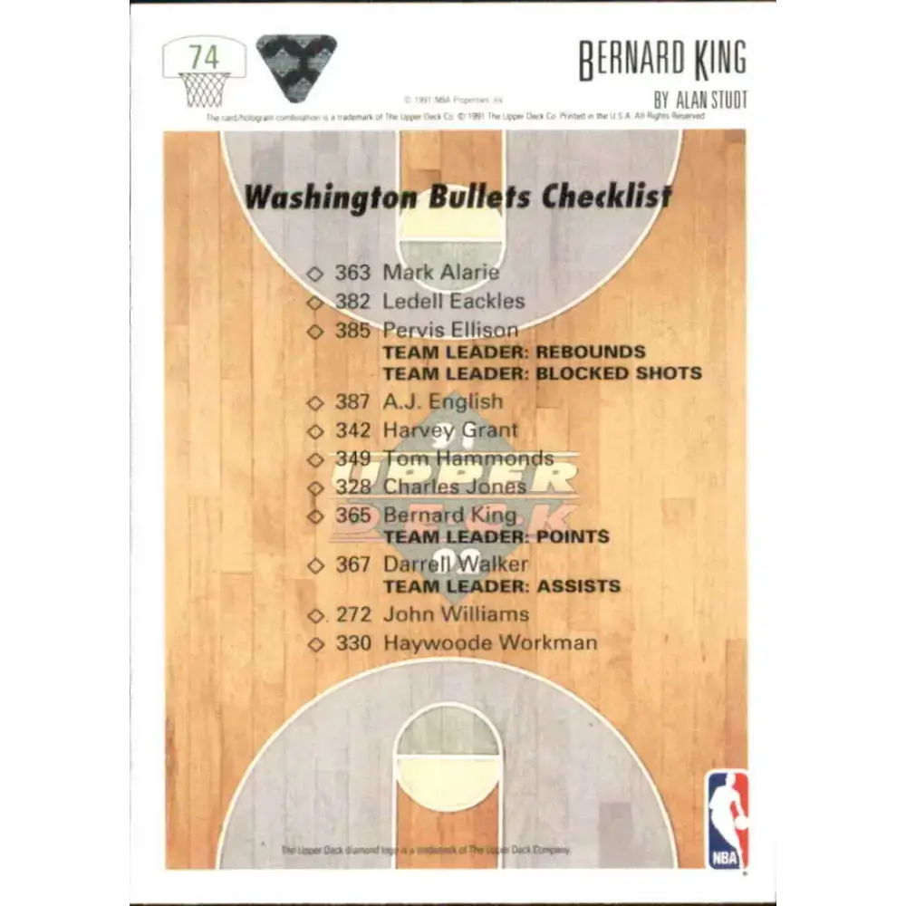 1991-92 Upper Deck #74 Bernard King TC NM-MT Washington Bullets Basketball Card - Basketball Card Single