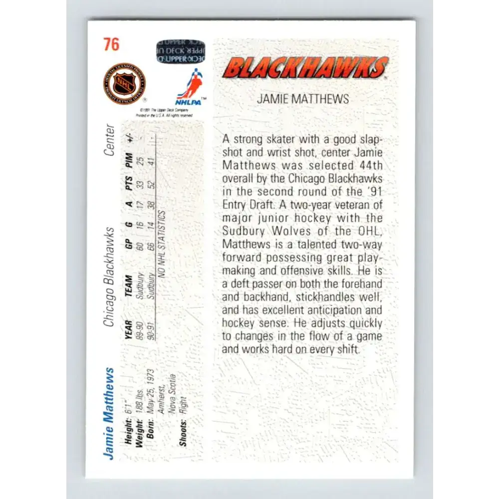 1991-92 Upper Deck #76 Jamie Matthews NM-MT RC Rookie Hockey Card - Hockey Card Single