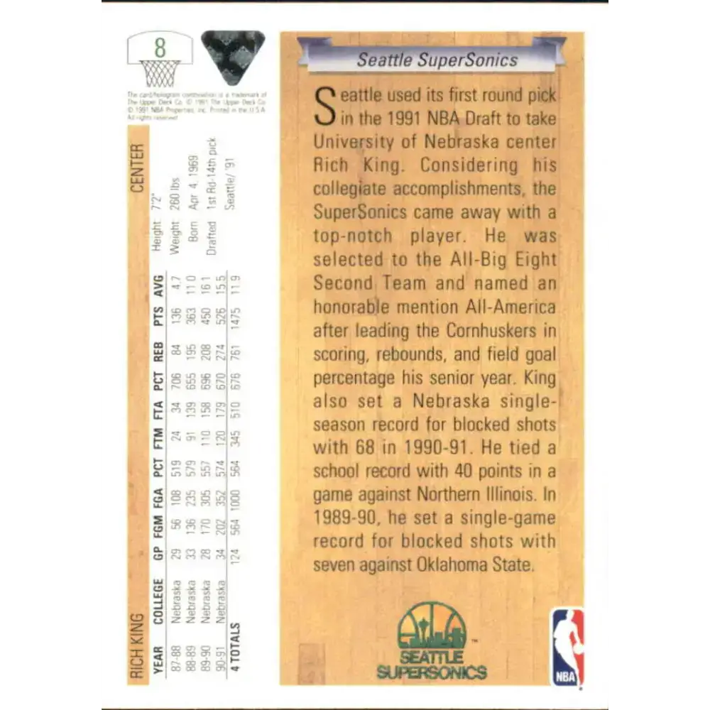1991-92 Upper Deck #8 Rich King NM-MT RC Rookie Seattle SuperSonics Basketball Card - Basketball Card Single