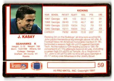 1991 Action Packed Rookie/Update #59 John Kasay - Football Card Single