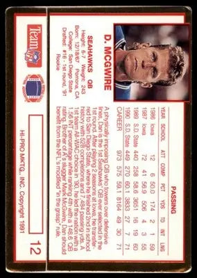 1991 Action Packed Rookie/Update Dan McGwire RC 12 Seattle Seahawks - Football Card Single