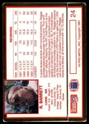1991 Action Packed Rookie/Update Reggie Barrett RC 24 Detroit Lions - Football Card Single