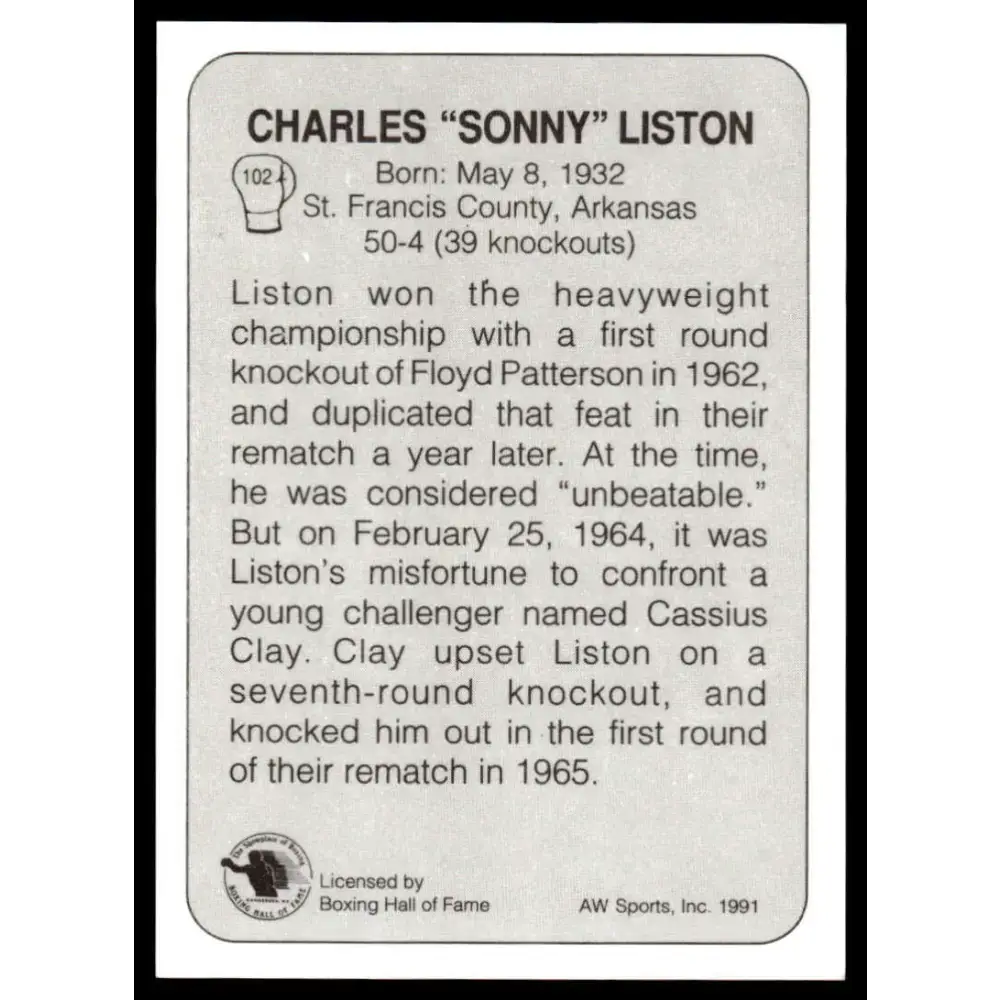 1991 All World #102 Sonny Liston NM-MT Boxing Card - Boxing Card Single