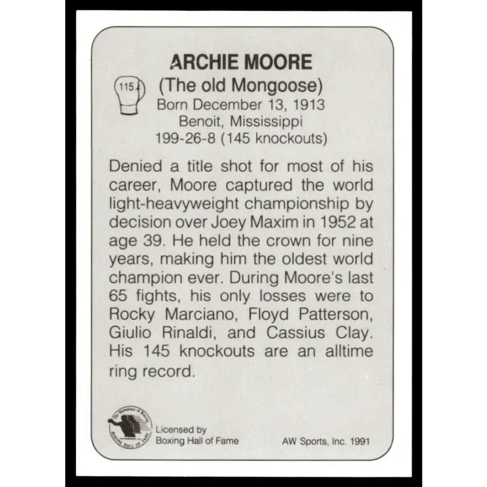 1991 All World #115 Archie Moore NM-MT Boxing Card - Sports Memorabilia