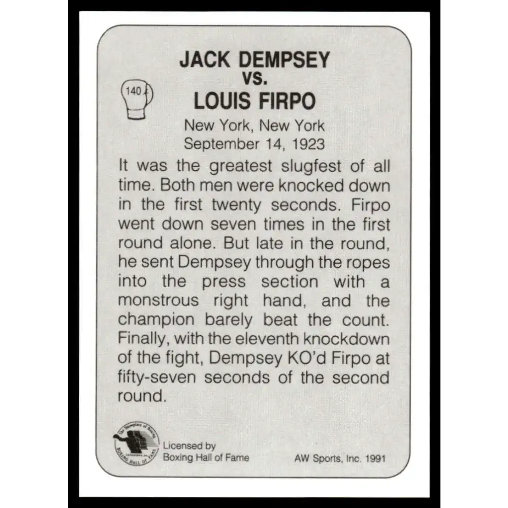 1991 All World #140 Dempsey Vs. Firpo NM-MT Boxing Card - Boxing Card Single