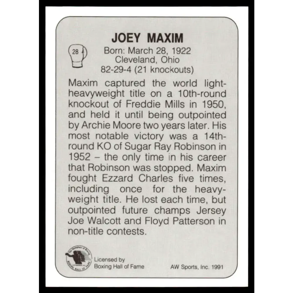 1991 All World #28 Joey Maxim NM-MT Boxing Card - Boxing Card Single