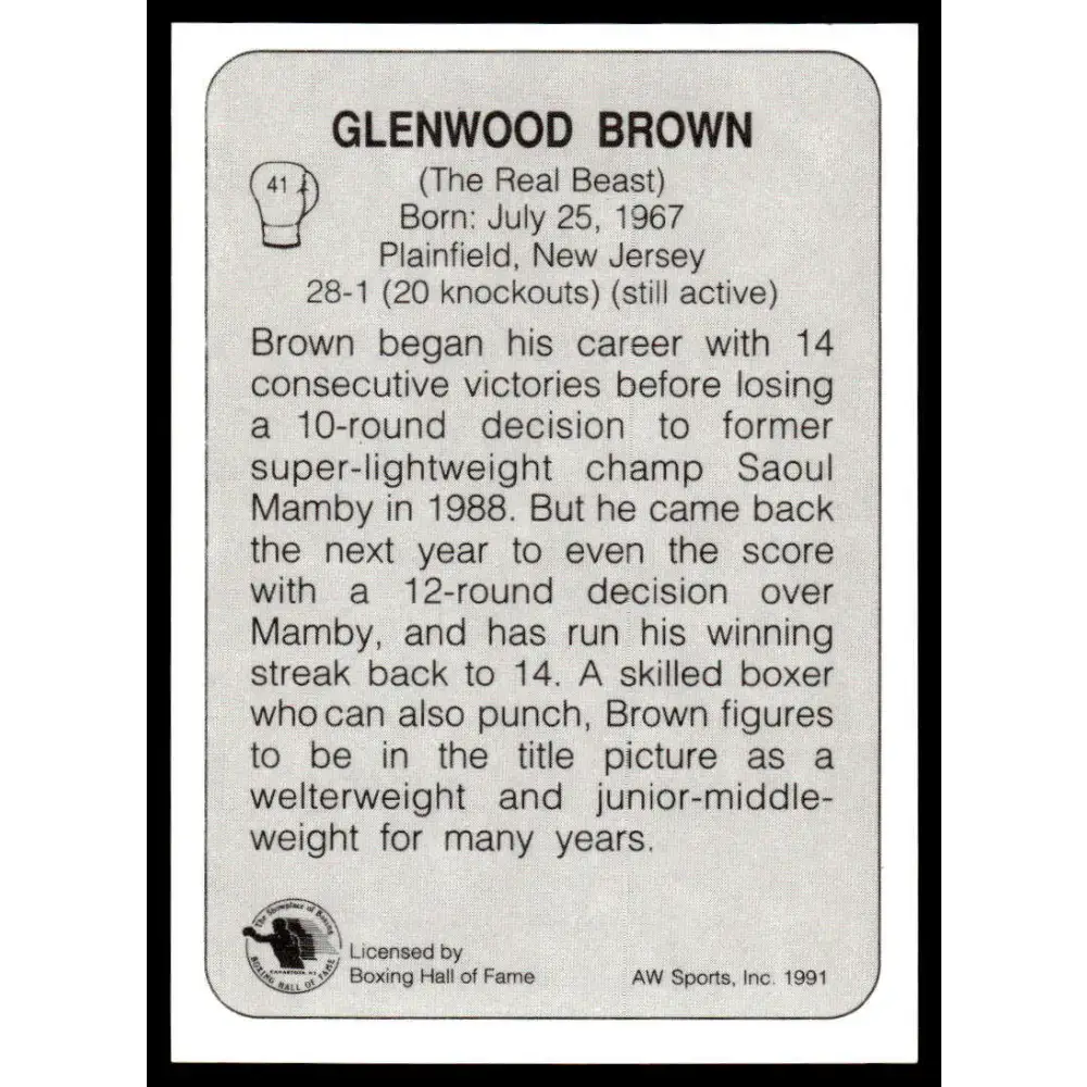 1991 All World #41 Glenwood Brown NM-MT Boxing Card - Boxing Card Single