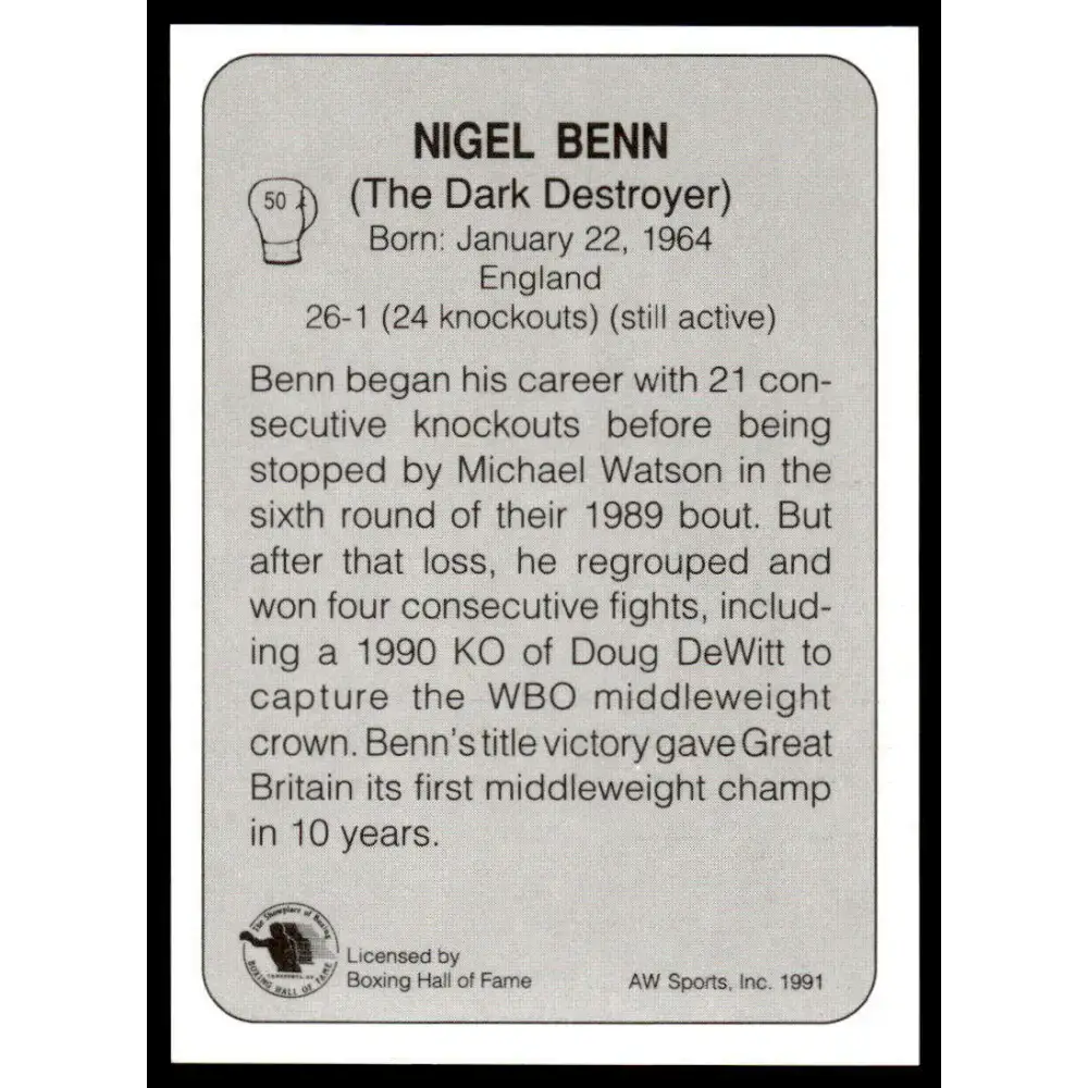 1991 All World #50 Nigel Benn NM-MT Boxing Card - Other