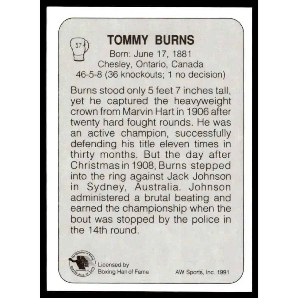 1991 All World #57 Tommy Burns NM-MT Boxing Card - Other