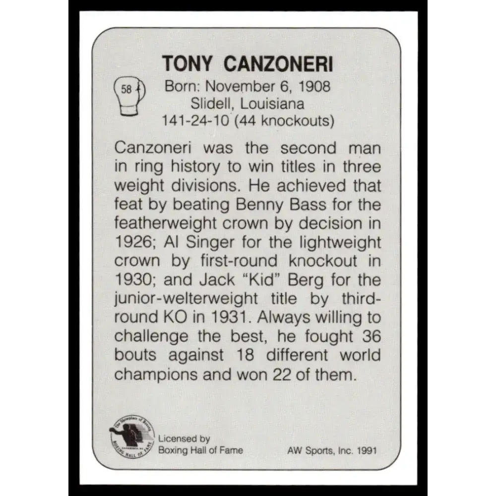 1991 All World #58 Tony Canzoneri NM-MT Boxing Card - Boxing Card Single