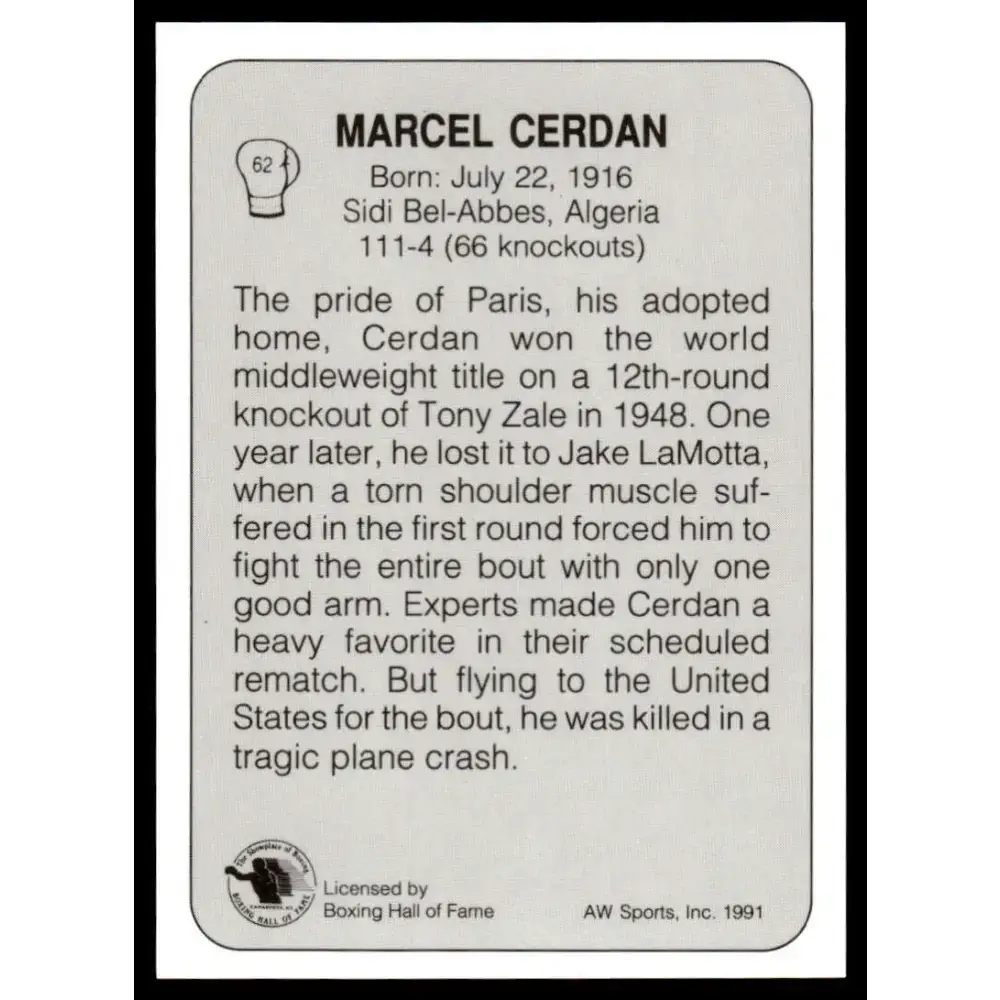 1991 All World #62 Marcel Cerdan NM-MT Boxing Card - Other