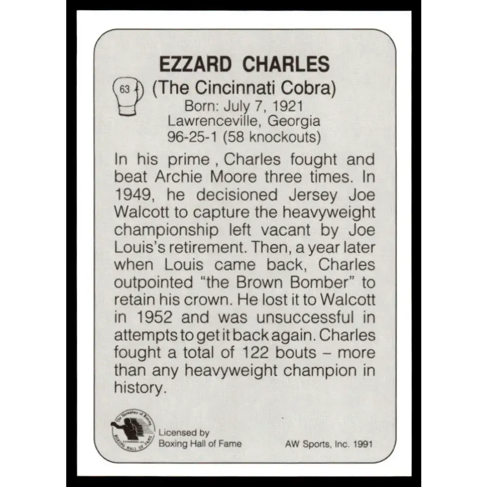 1991 All World #63 Ezzard Charles NM-MT Boxing Card - Other