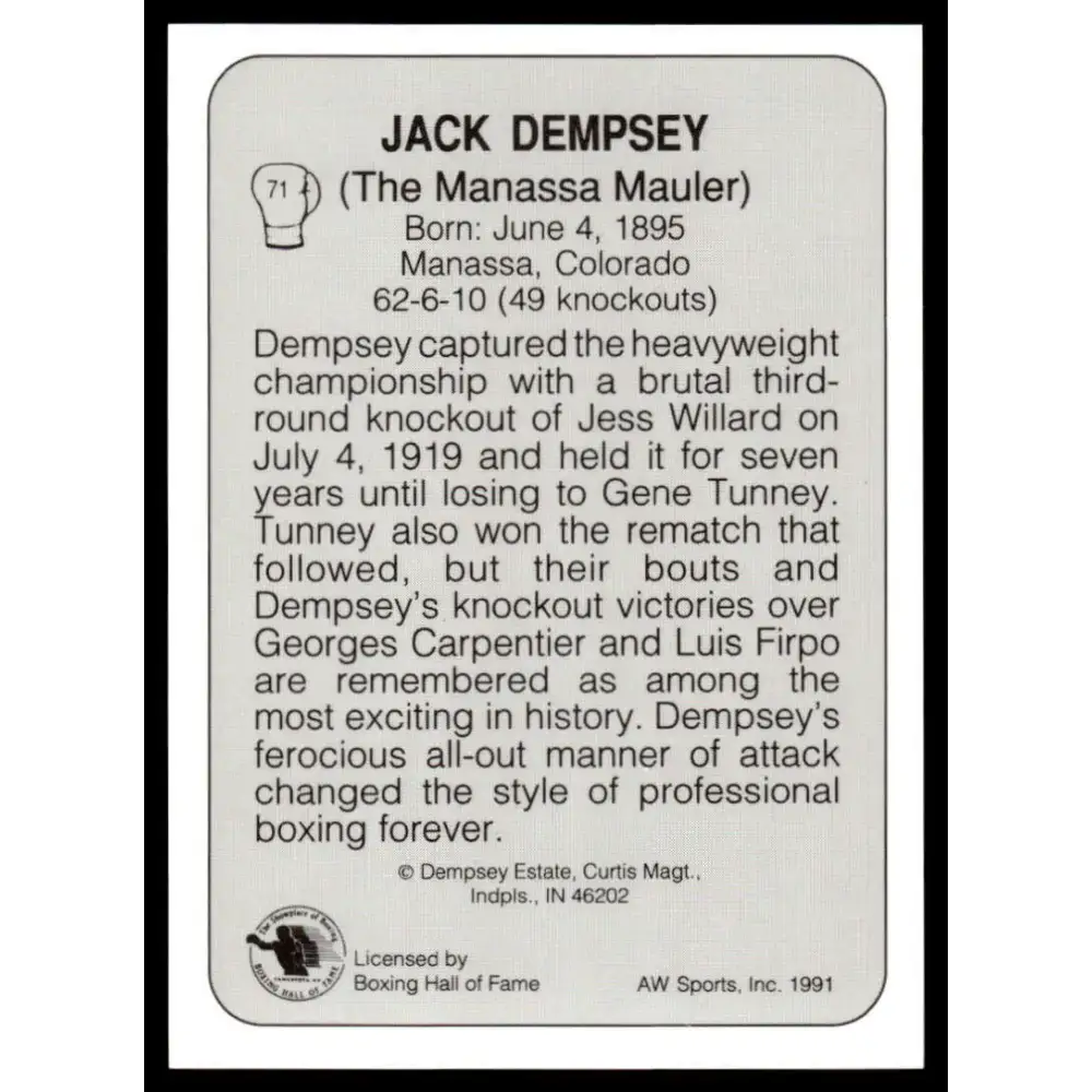 1991 All World #71 Jack Dempsey NM-MT Boxing Card - Other
