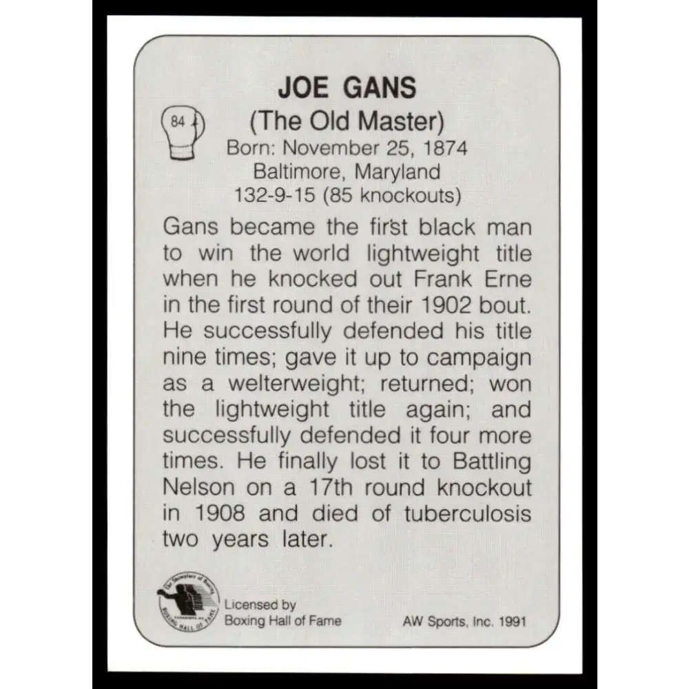 1991 All World #84 Joe Gans NM-MT Boxing Card - Other