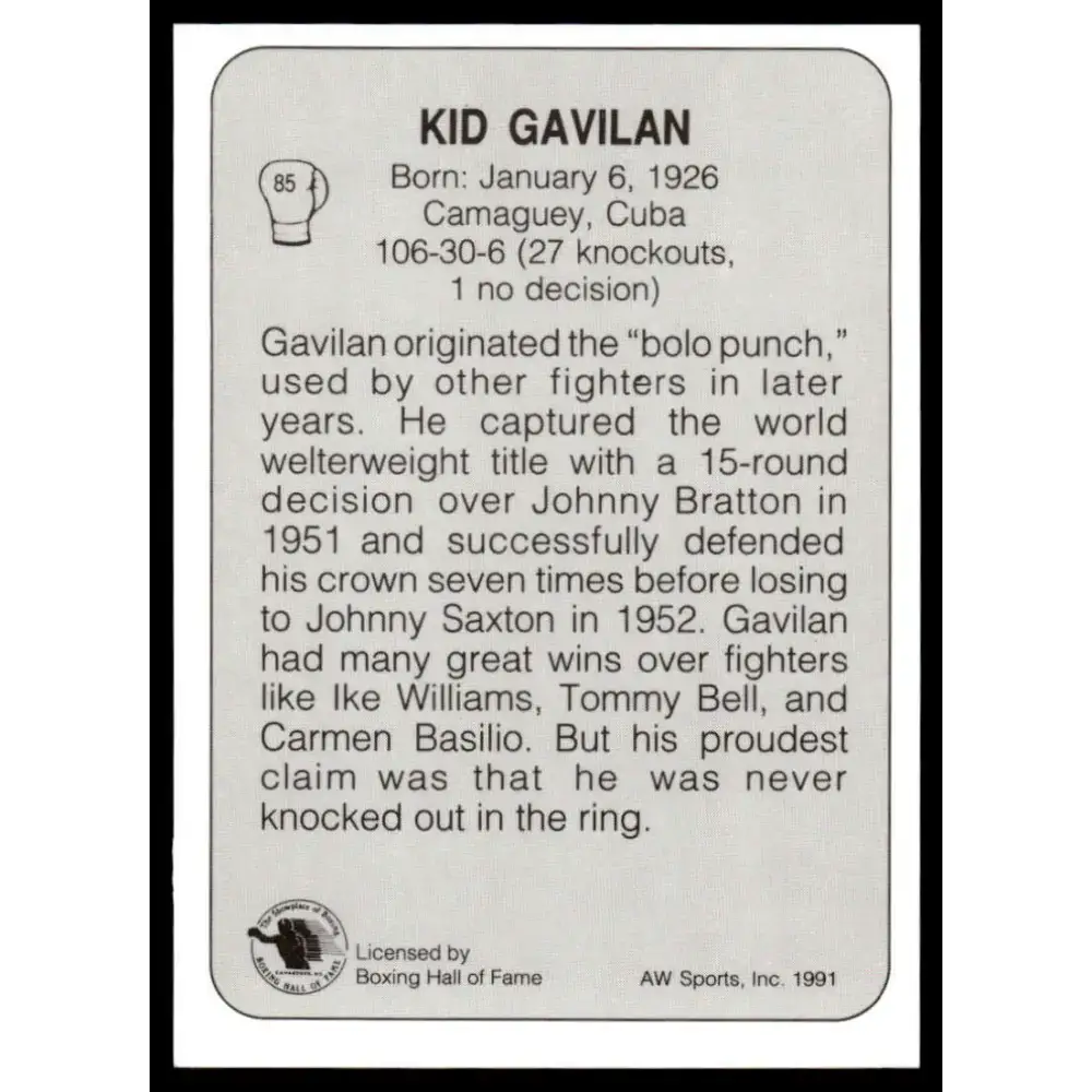 1991 All World #85 Kid Gavilan NM-MT Boxing Card - Other