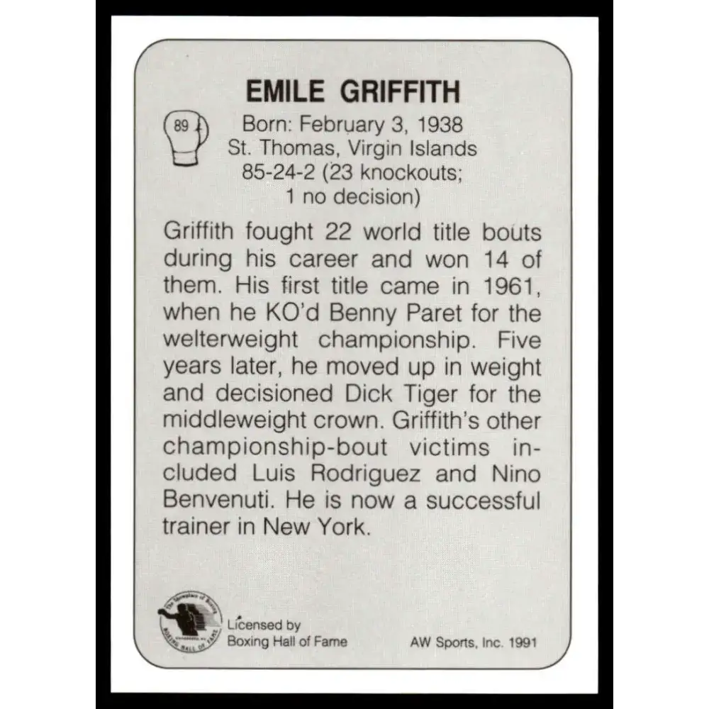 1991 All World #89 Emile Griffith NM-MT Boxing Card - Other