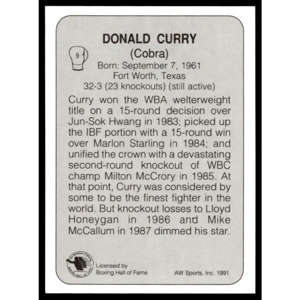 1991 All World #9 Donald Curry NM-MT Boxing Card - Other