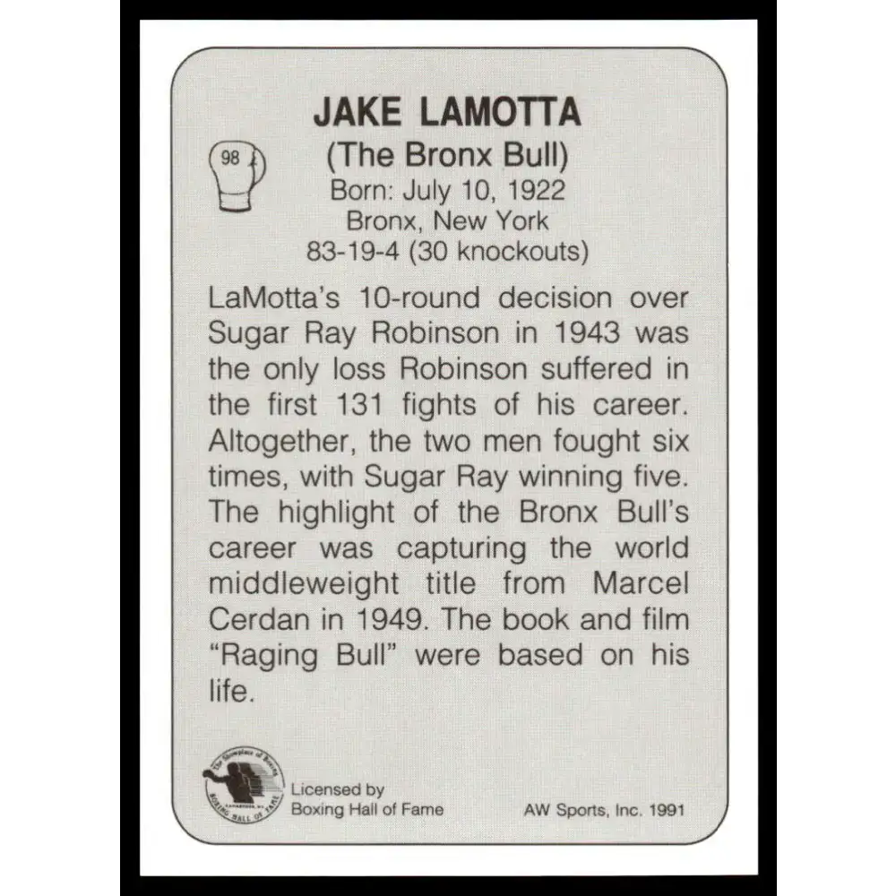 1991 All World #98 Jake Lamotta NM-MT Boxing Card - Other
