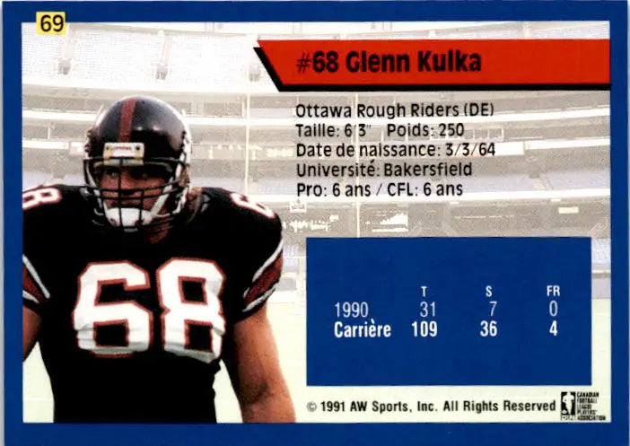 1991 All World CFL French #69 Glenn Kulka - Football Card Single