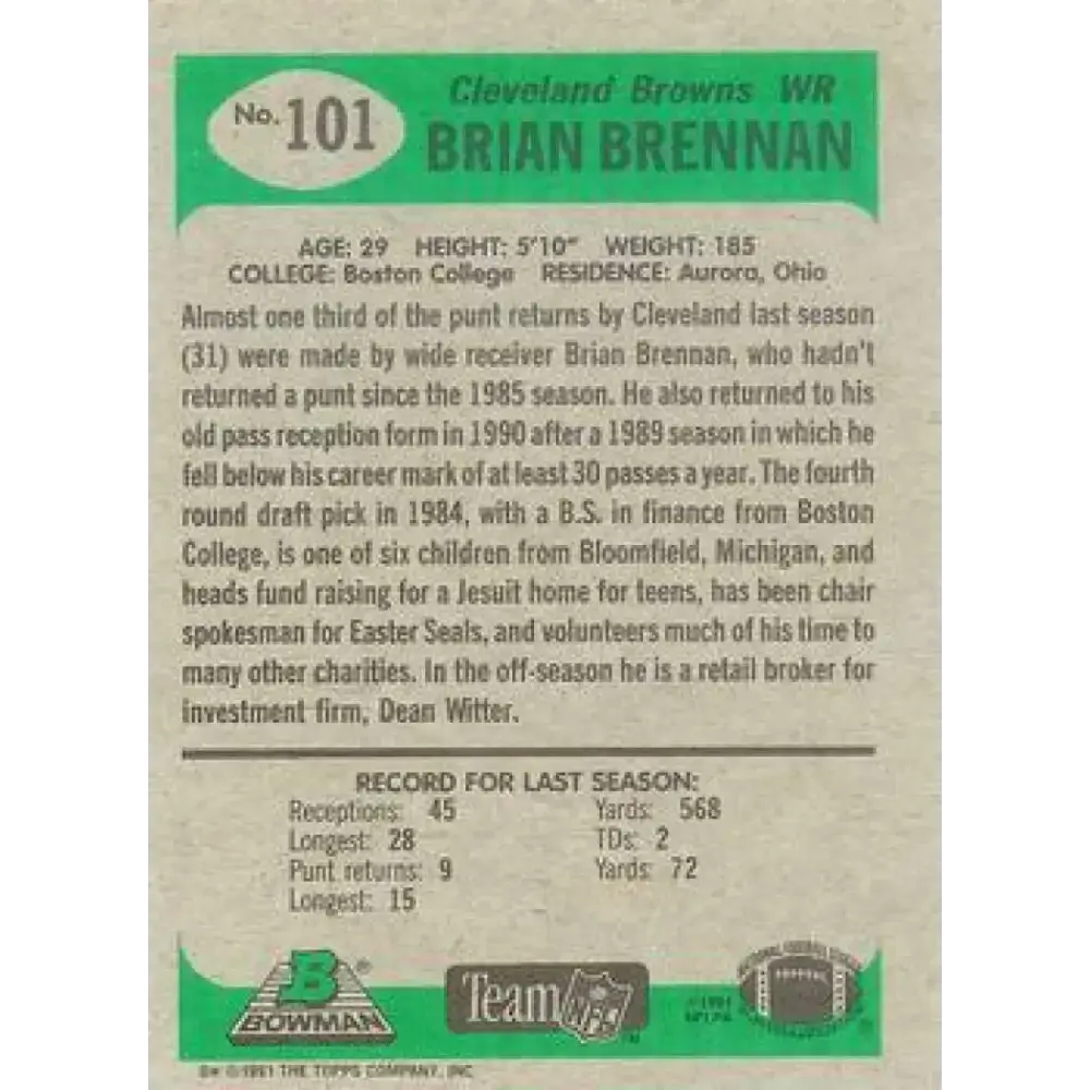 1991 Bowman #101 Brian Brennan NM-MT Cleveland Browns Football Card - Football Card Single