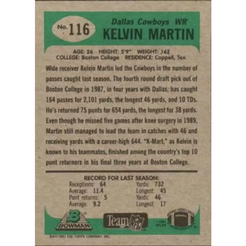 1991 Bowman #116 Kelvin Martin NM-MT Dallas Cowboys Football Card - Football Card Single