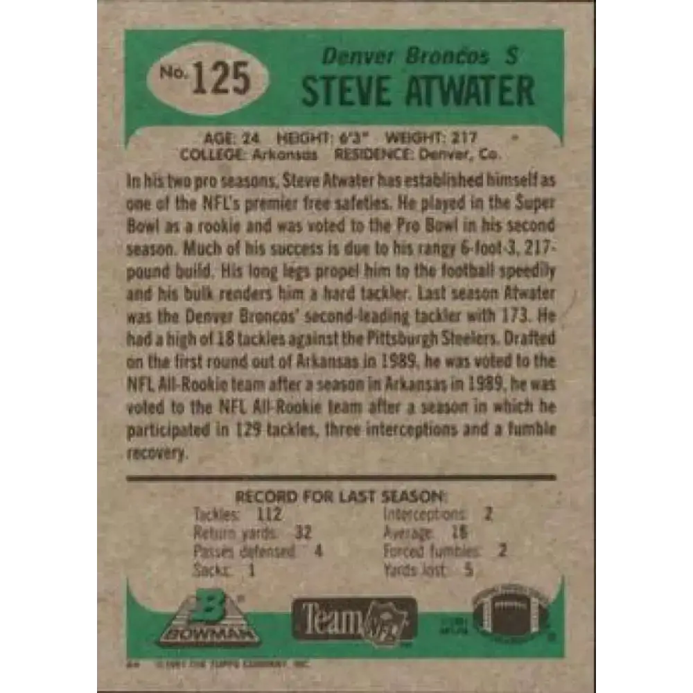 1991 Bowman #125 Steve Atwater NM-MT Denver Broncos Football Card - Football Card Single