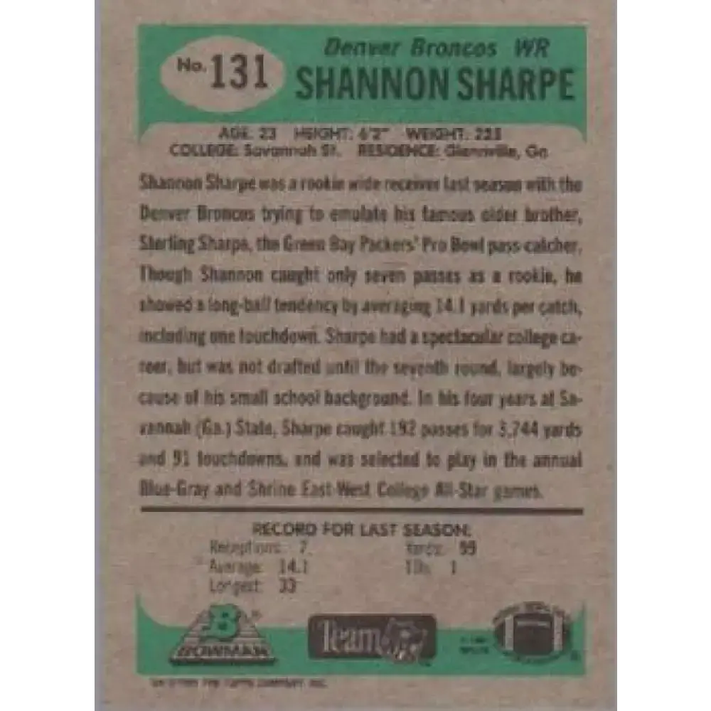 1991 Bowman #131 Shannon Sharpe NM-MT Denver Broncos Football Card - Football Card Single