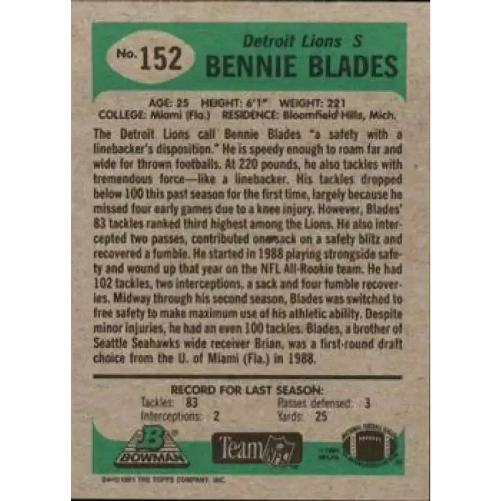 1991 Bowman #152 Bennie Blades NM-MT Detroit Lions Football Card - Football Card Single