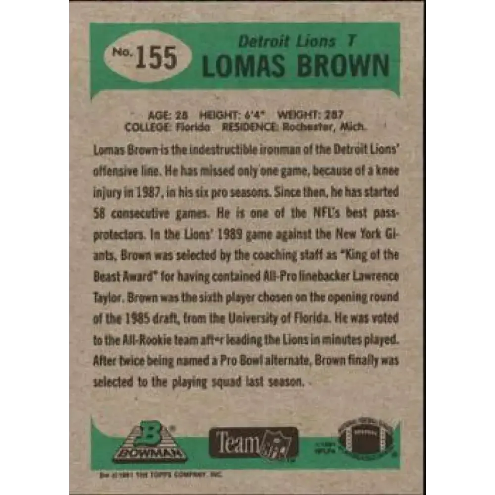 1991 Bowman #155 Lomas Brown NM-MT Detroit Lions Football Card - Football Card Single