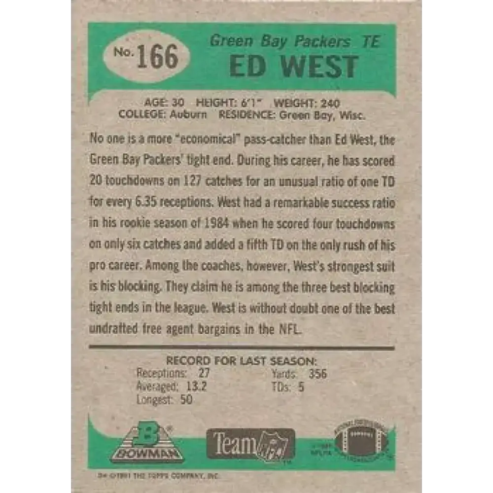 1991 Bowman #166 Ed West NM-MT Green Bay Packers Football Card - Football Card Single