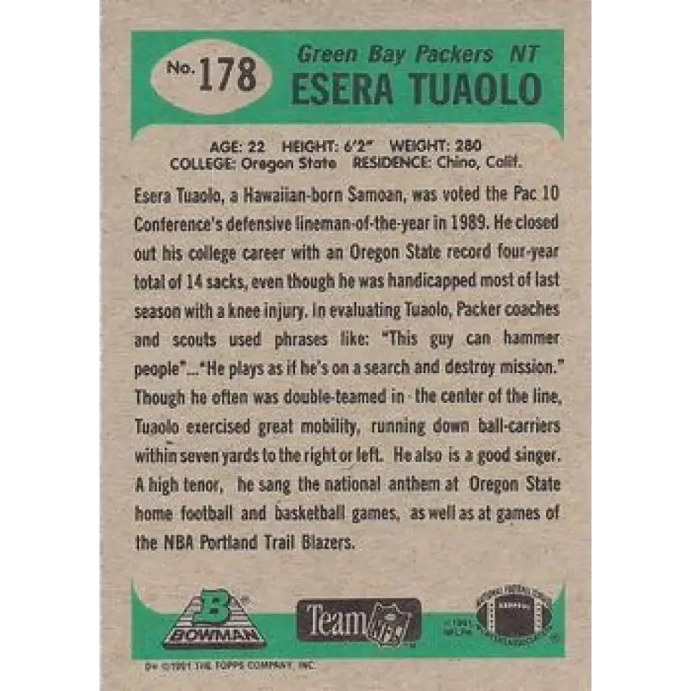 1991 Bowman #178 Esera Tuaolo NM-MT RC Rookie Green Bay Packers Football Card - Football Card Single