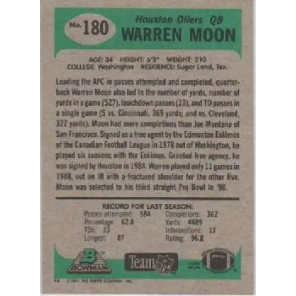 1991 Bowman #180 Warren Moon NM-MT Houston Oilers Football Card