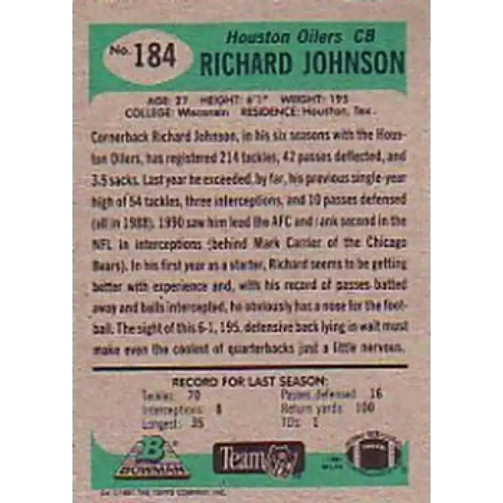 1991 Bowman #184 Richard Johnson NM-MT RC Rookie Houston Oilers Football Card - Football Card Single