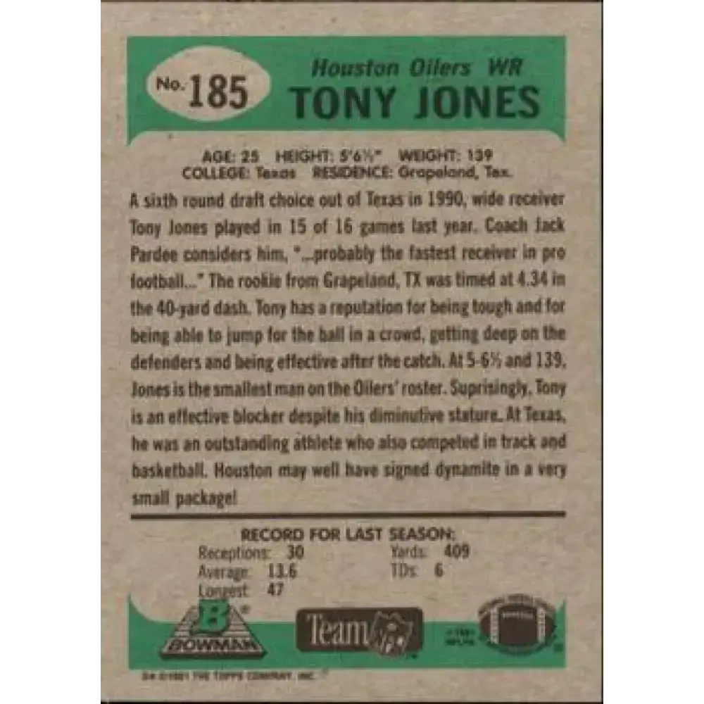 1991 Bowman #185 Tony Jones NM-MT Houston Oilers Football Card - Football Card Single