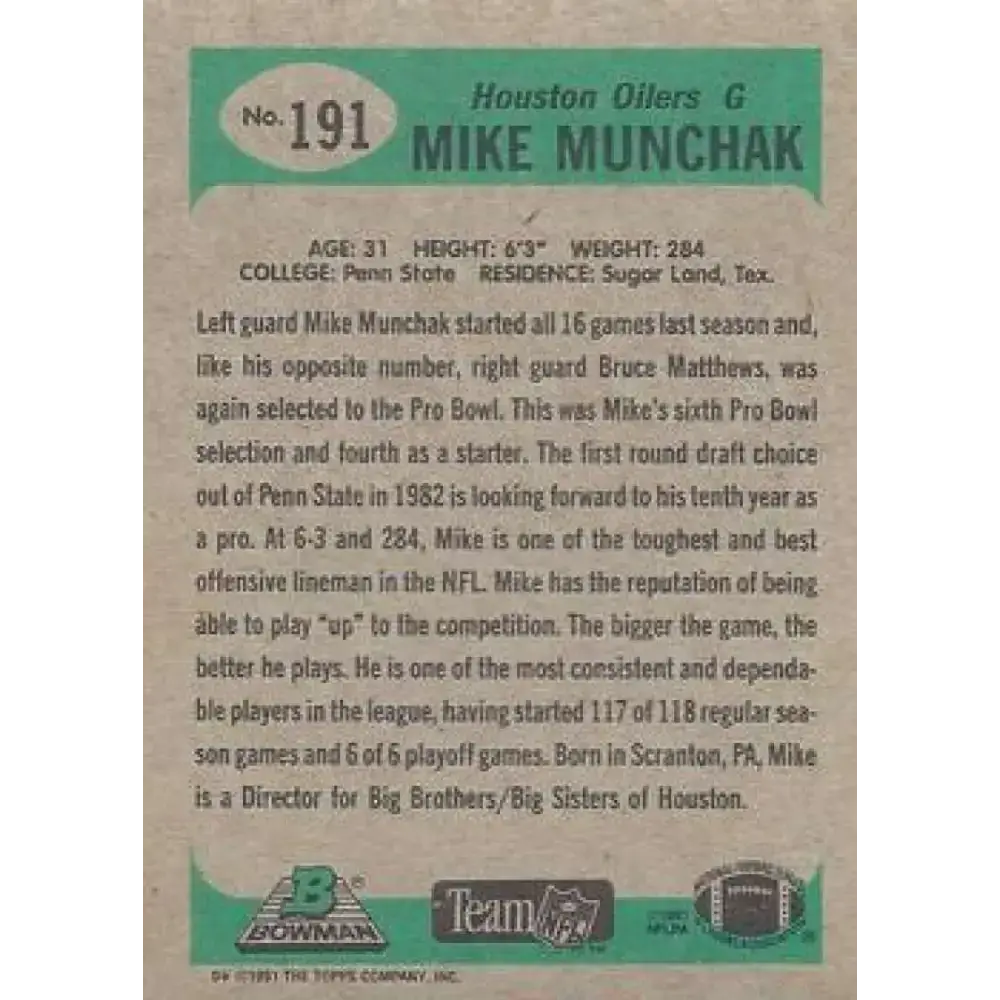 1991 Bowman #191 Mike Munchak NM-MT Houston Oilers Football Card - Football Card Single